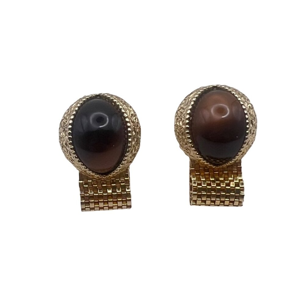 Vintage Swank Cufflinks Gold-Tone Mesh Wraparound  Brown Cats Eye Stone MCM